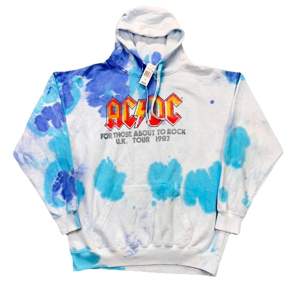 AC/DC Hoodie Mens 1X Tie Dye Print 1982 UK Tour Pullover Sweatshirt Rock NEW